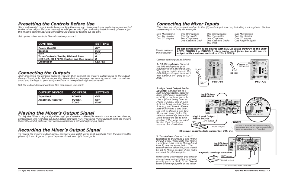 Presetting the controls before use, Playing the mixer’s output signal, Connecting the outputs | Recording the mixer’s output signal, Connecting the mixer inputs | PYLE Audio PYD-710 User Manual | Page 3 / 6