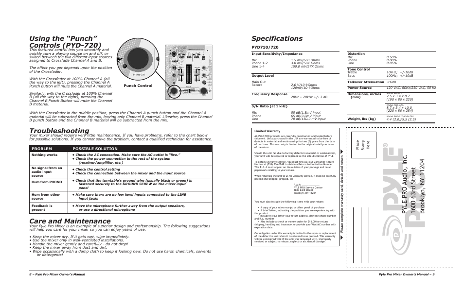 Using the “punch” controls (pyd-720), Troubleshooting, Care and maintenance | Specifications | PYLE Audio PYD-710 User Manual | Page 6 / 6