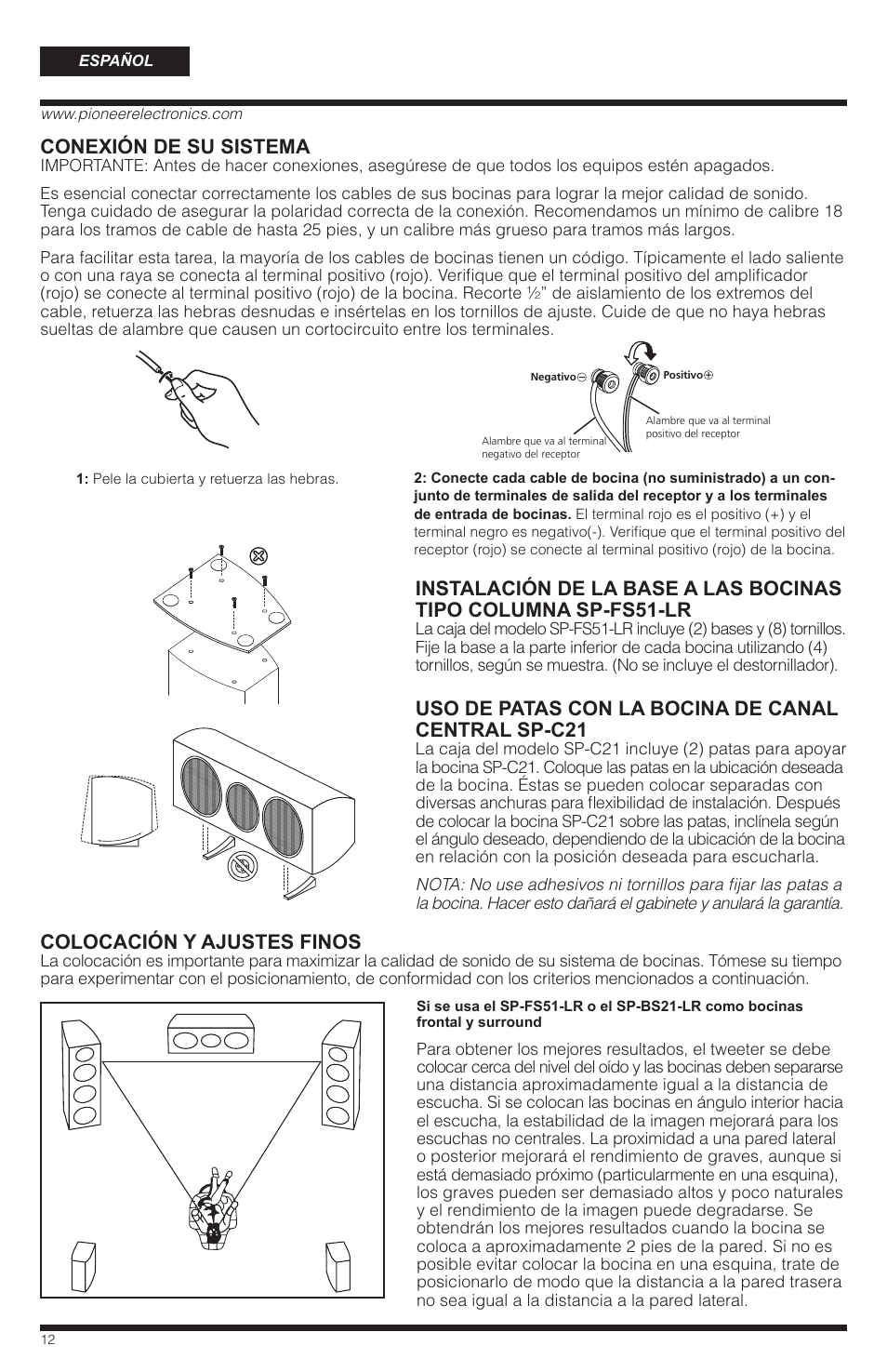 Conexión de su sistema, Colocación y ajustes finos, Uso de patas con la bocina de canal central sp-c21 | PYLE Audio SP-BS21-LR User Manual | Page 12 / 16