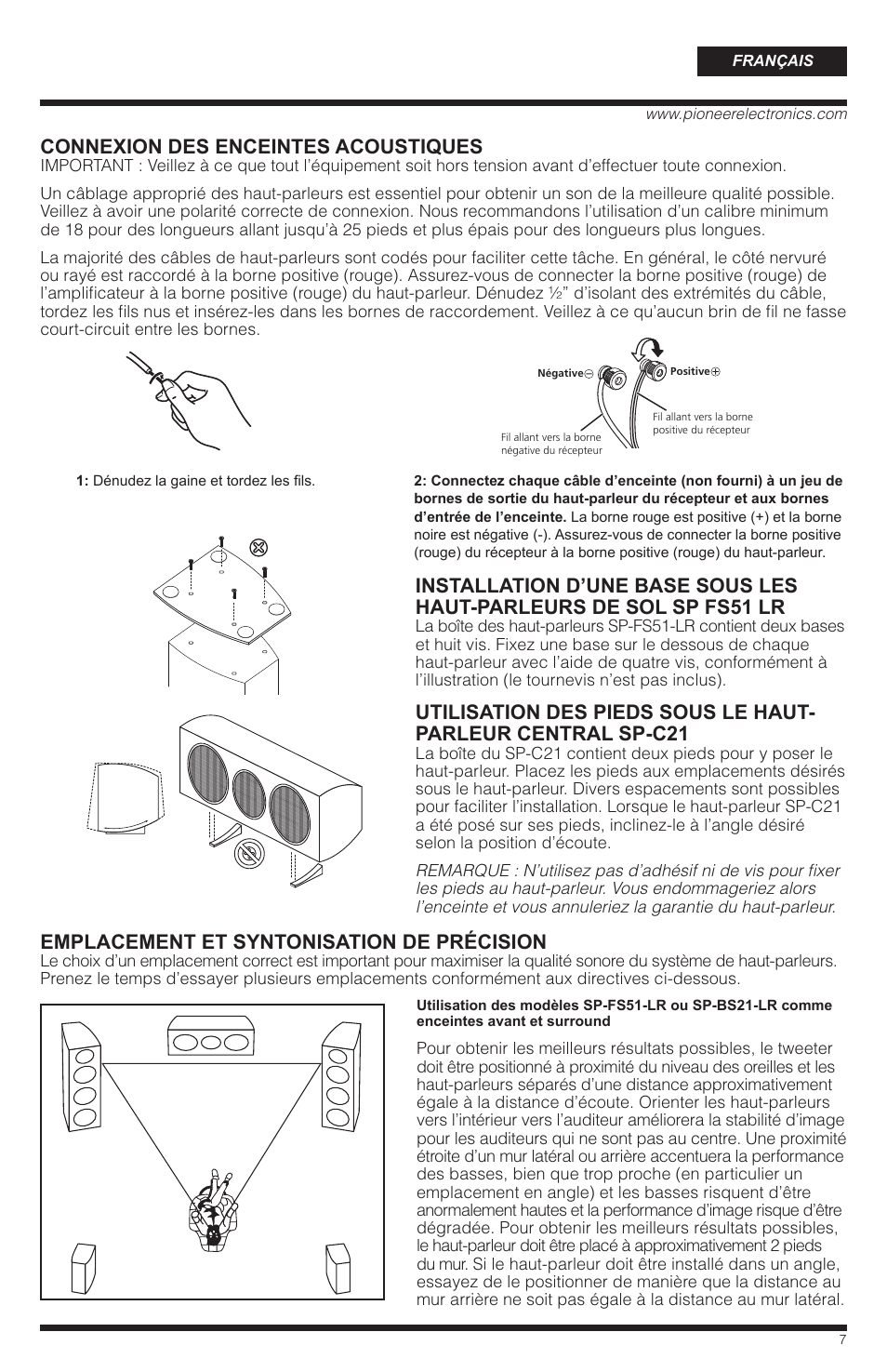 Connexion des enceintes acoustiques, Emplacement et syntonisation de précision | PYLE Audio SP-BS21-LR User Manual | Page 7 / 16