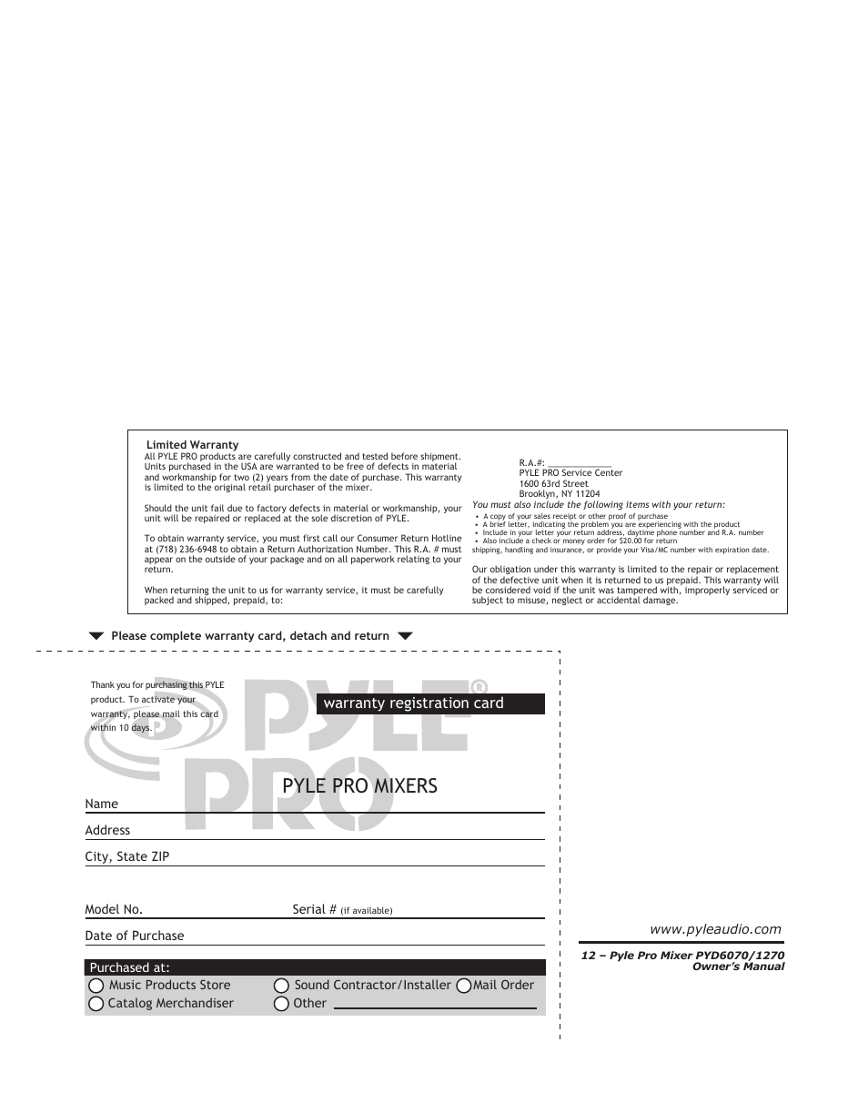 Pyle pro mixers, Warranty registration card | PYLE Audio PYD1270 User Manual | Page 14 / 14