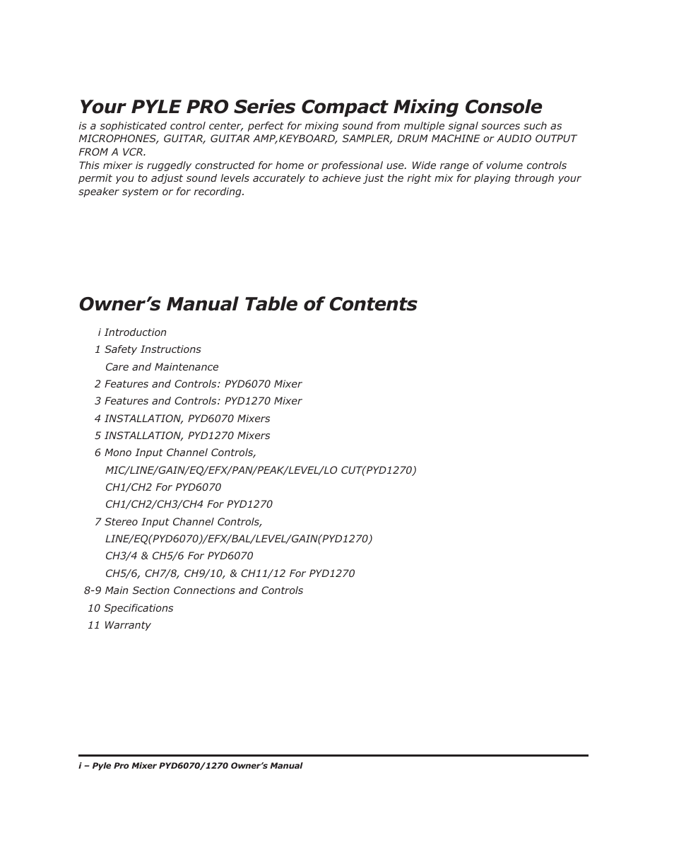 Your pyle pro series compact mixing console, Owner’s manual table of contents | PYLE Audio PYD1270 User Manual | Page 2 / 14