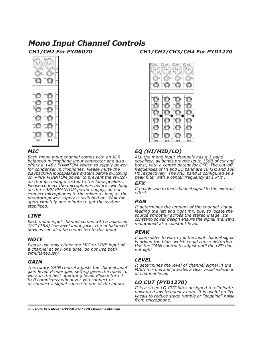 Mono input channel controls | PYLE Audio PYD1270 User Manual | Page 8 / 14
