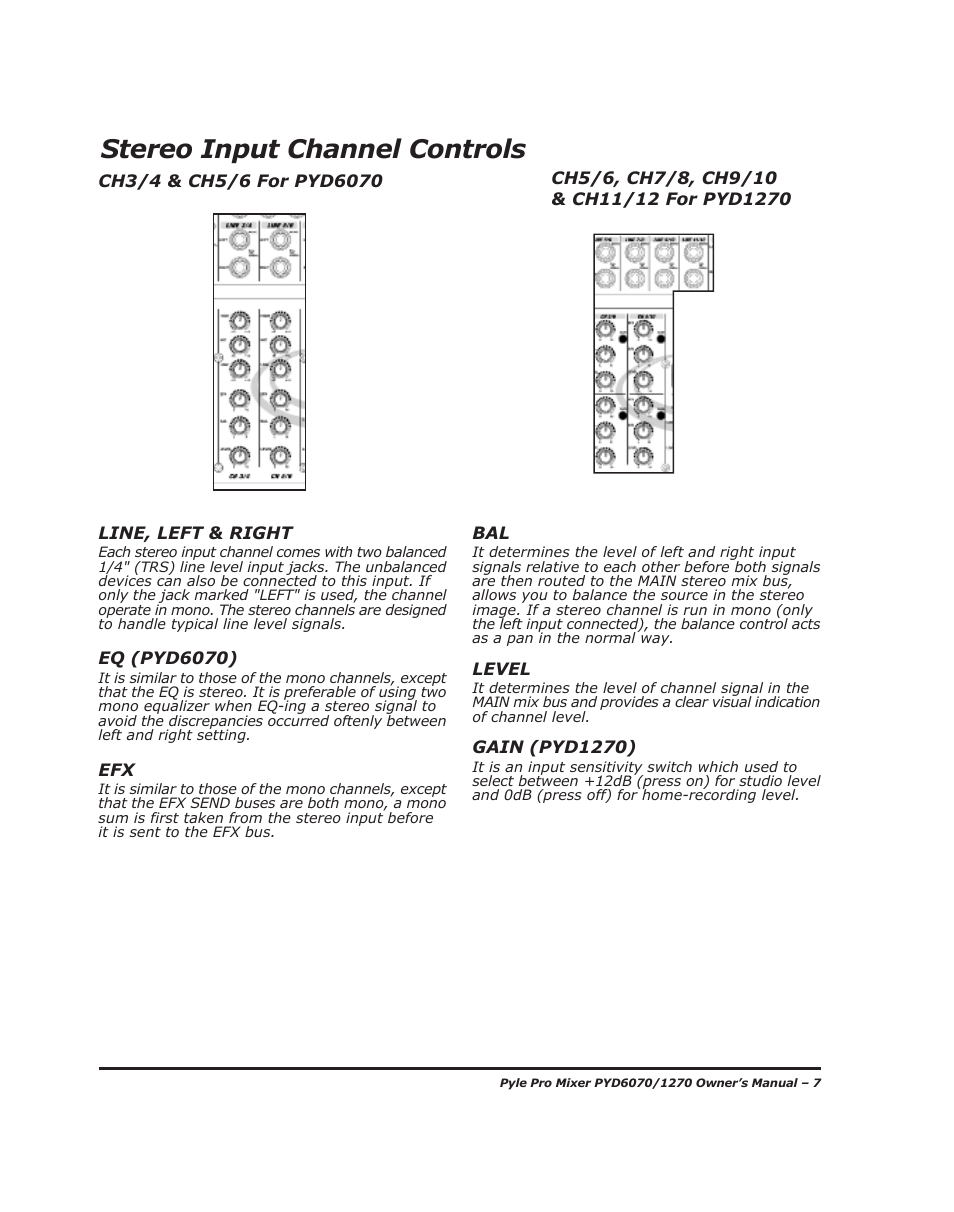 Stereo input channel controls | PYLE Audio PYD1270 User Manual | Page 9 / 14