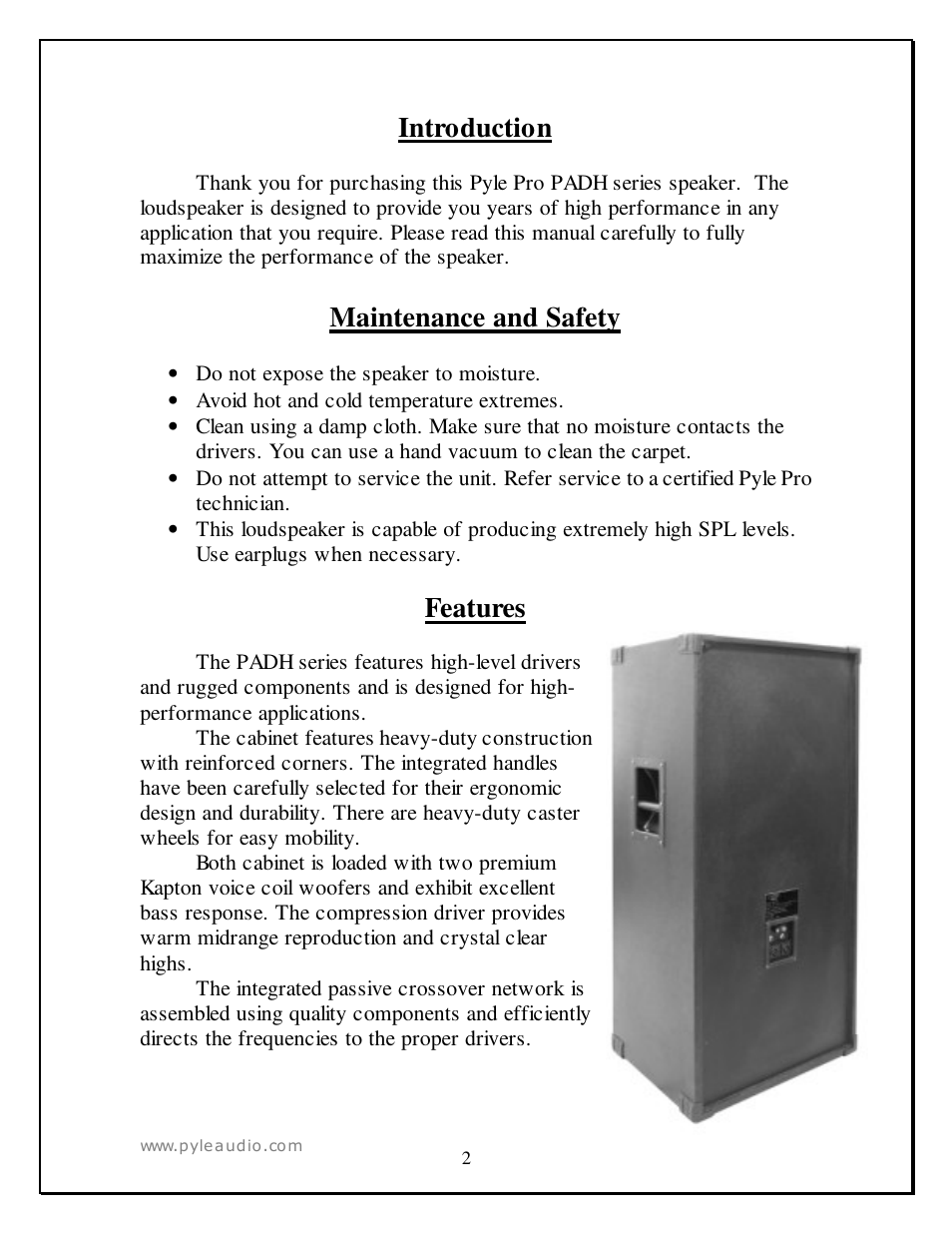 Introduction, Maintenance and safety, Features | PYLE Audio PADH21580 User Manual | Page 2 / 7