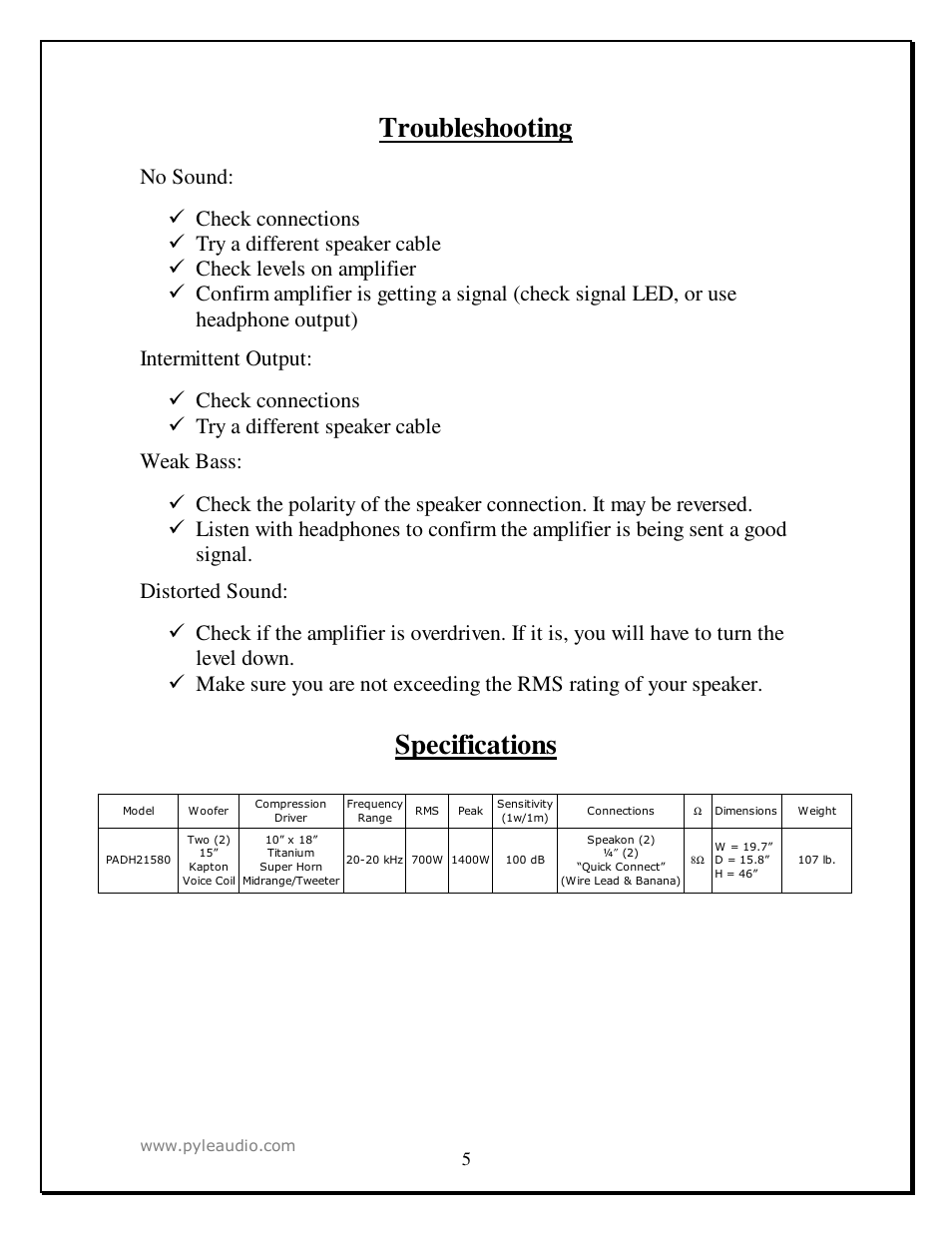 Troubleshooting, Specifications | PYLE Audio PADH21580 User Manual | Page 5 / 7