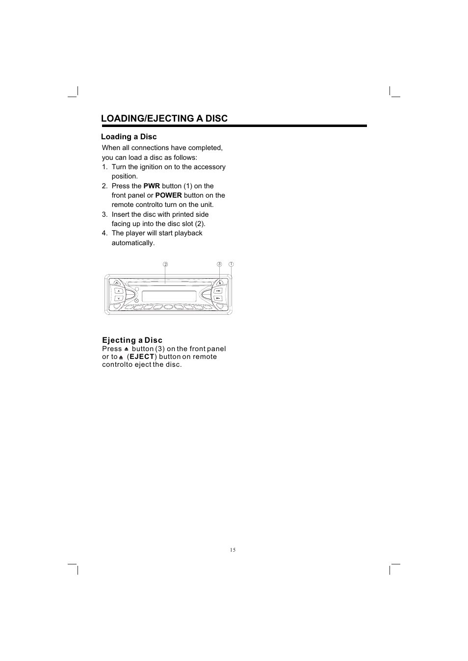 Т³гж 15, Loading/ejecting a disc, Loading a disc | Ejecting a disc | PYLE Audio PLDVD198 User Manual | Page 15 / 32