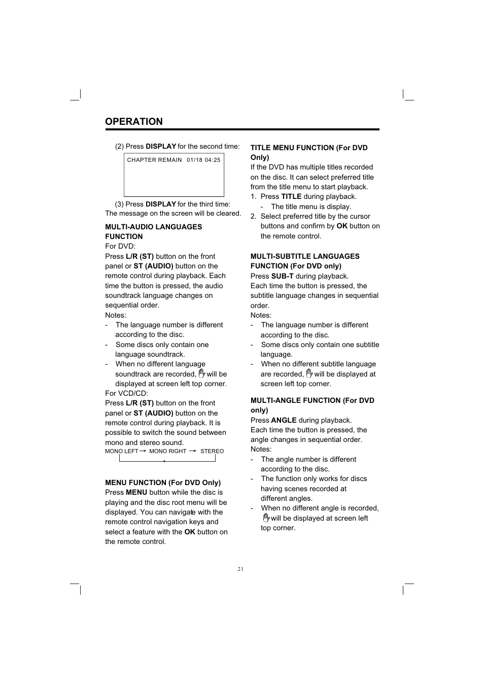 Т³гж 21, Operation | PYLE Audio PLDVD198 User Manual | Page 21 / 32
