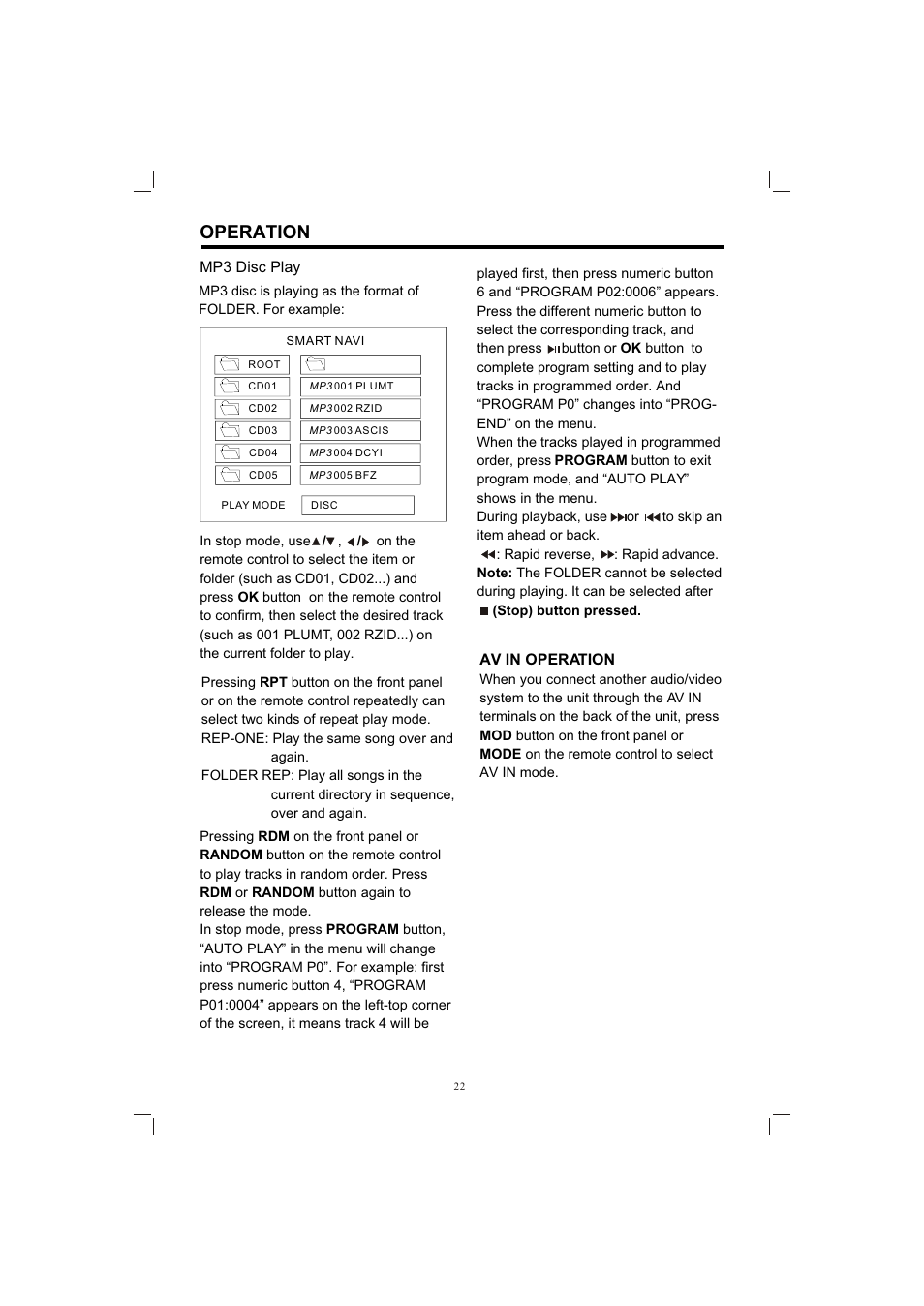 Т³гж 22, Operation, Mp3 disc play | Av in operation | PYLE Audio PLDVD198 User Manual | Page 22 / 32