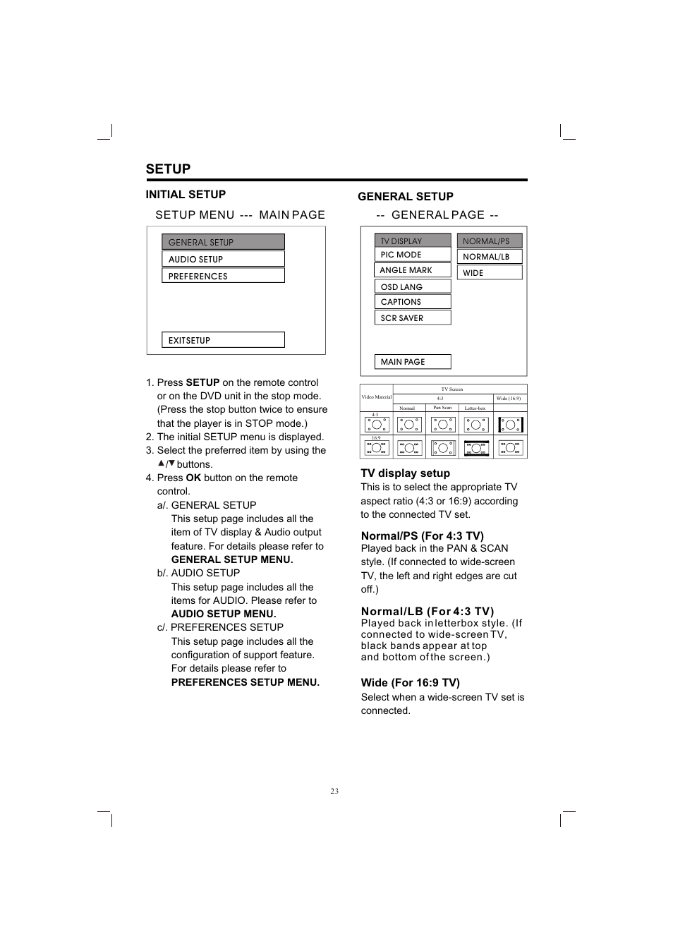 Т³гж 23, Setup, Initial setup general setup | General page, Tv display setup, Normal/ps (for 4:3 tv), Wide (for 16:9 tv), Normal/lb (for 4:3 tv), Setup menu --- main page | PYLE Audio PLDVD198 User Manual | Page 23 / 32