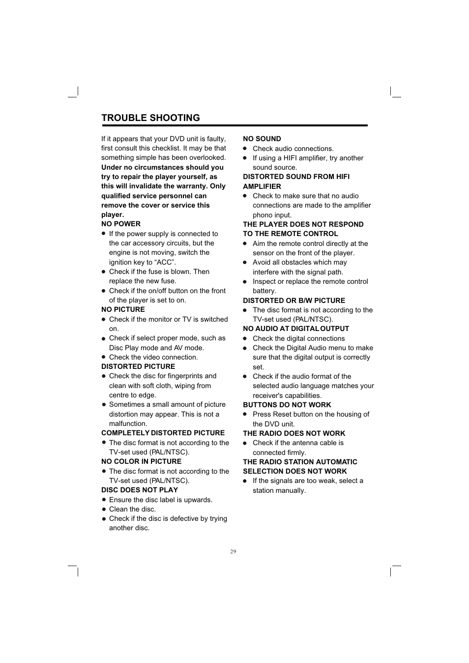 Т³гж 29, Trouble shooting | PYLE Audio PLDVD198 User Manual | Page 29 / 32