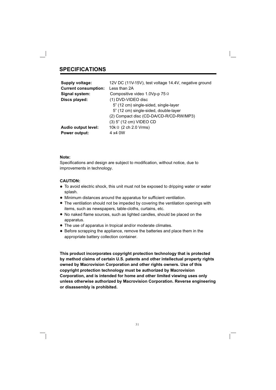 Т³гж 31, Specifications | PYLE Audio PLDVD198 User Manual | Page 31 / 32