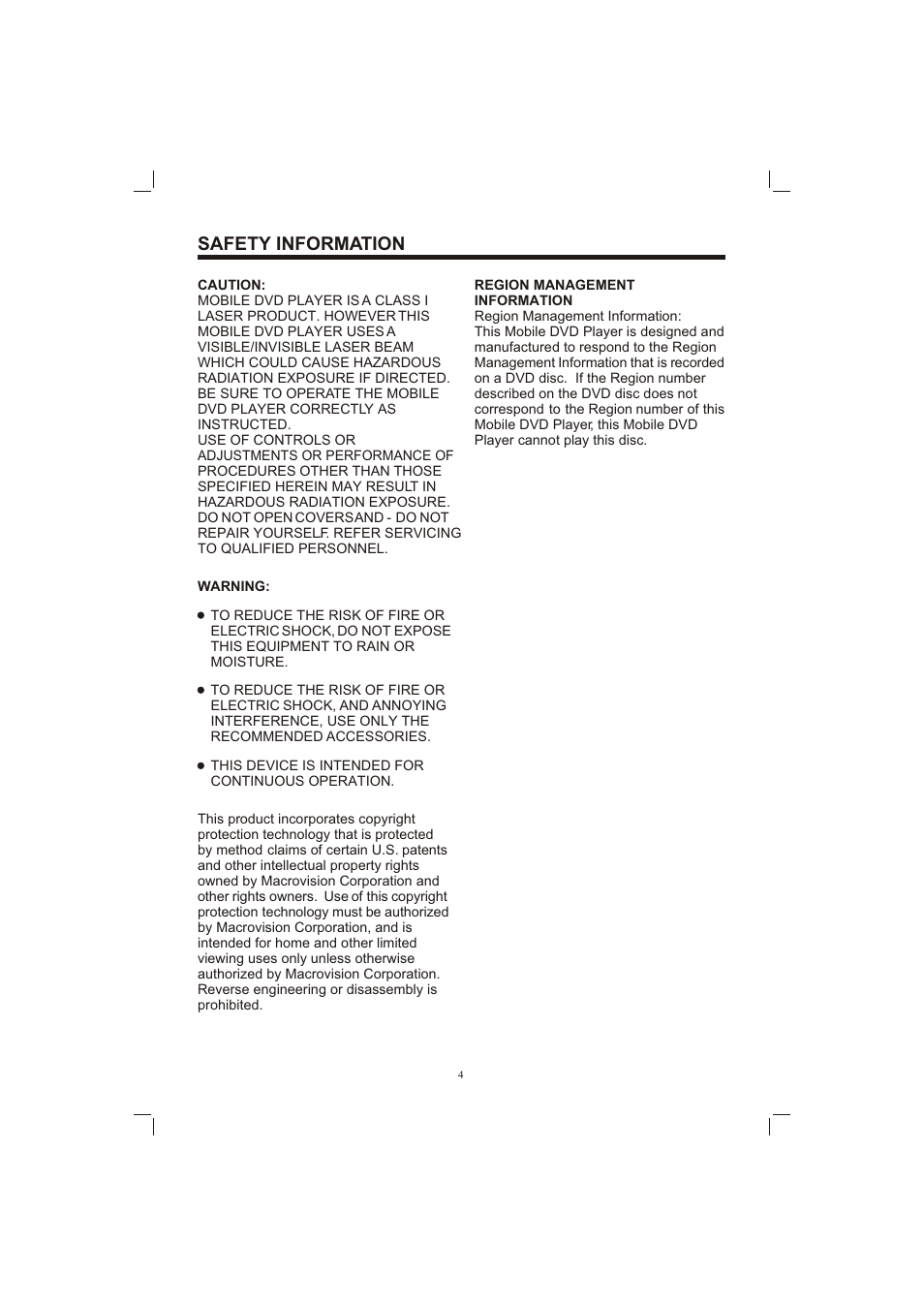 Т³гж 4, Safety information | PYLE Audio PLDVD198 User Manual | Page 4 / 32