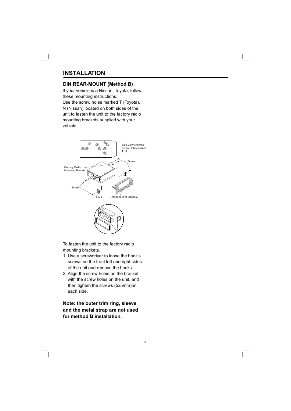 Т³гж 8, Installation, Din rear-mount (method b) | PYLE Audio PLDVD198 User Manual | Page 8 / 32