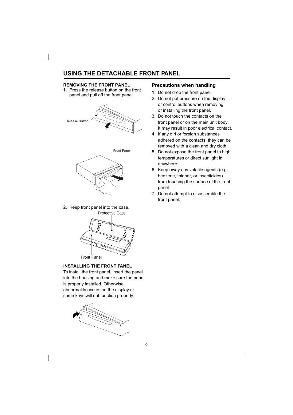 Т³гж 9, Using the detachable front panel | PYLE Audio PLDVD198 User Manual | Page 9 / 32