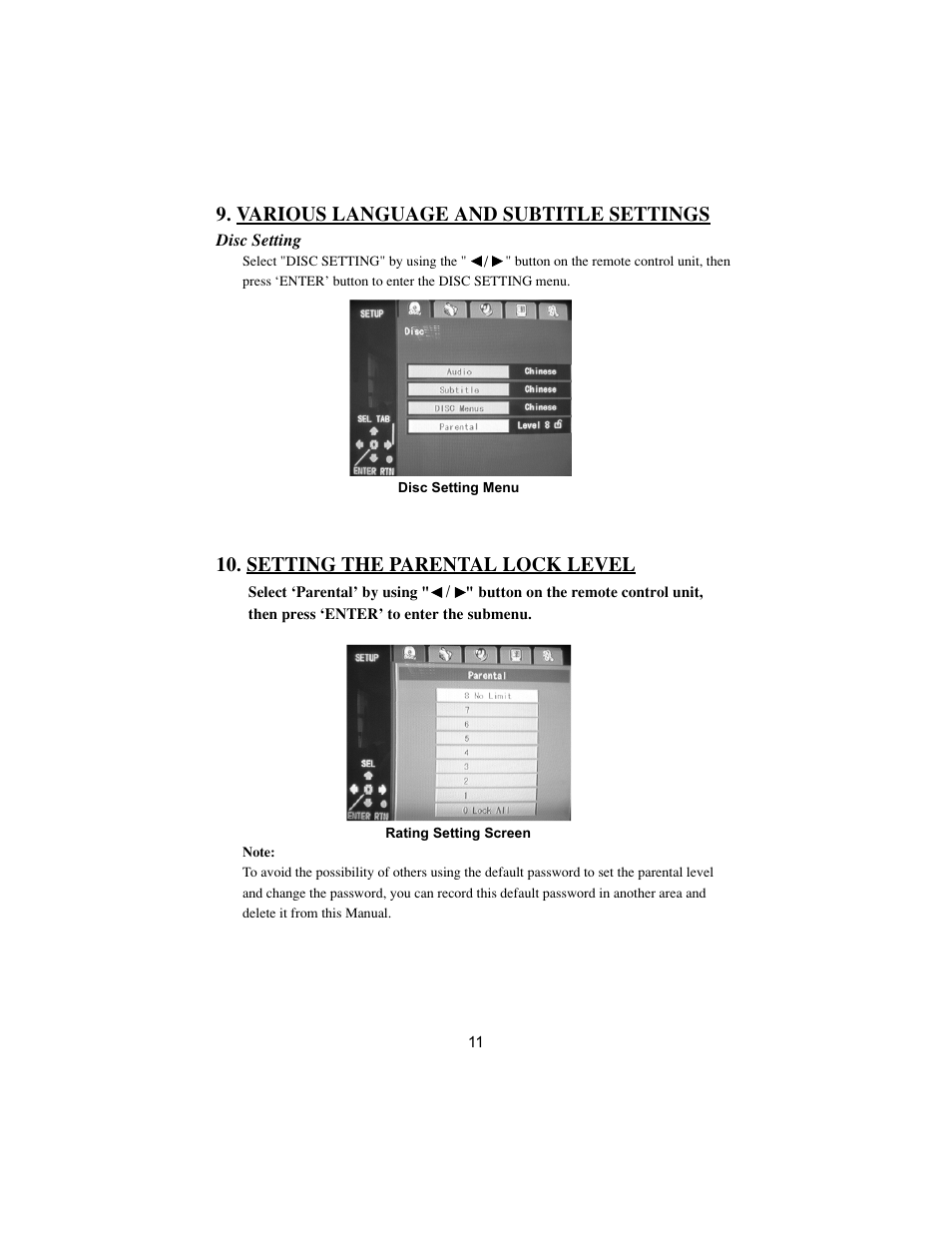 Various language and subtitle settings, Setting the parental lock level | PYLE Audio VIEW PLRDVD13 User Manual | Page 11 / 15