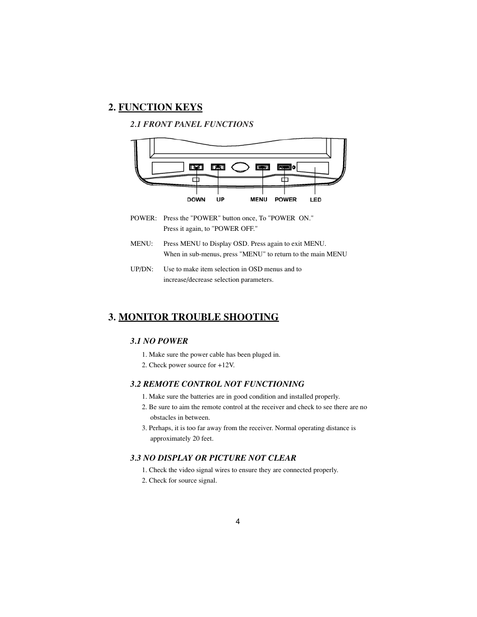 Function keys, Monitor trouble shooting | PYLE Audio VIEW PLRDVD13 User Manual | Page 4 / 15