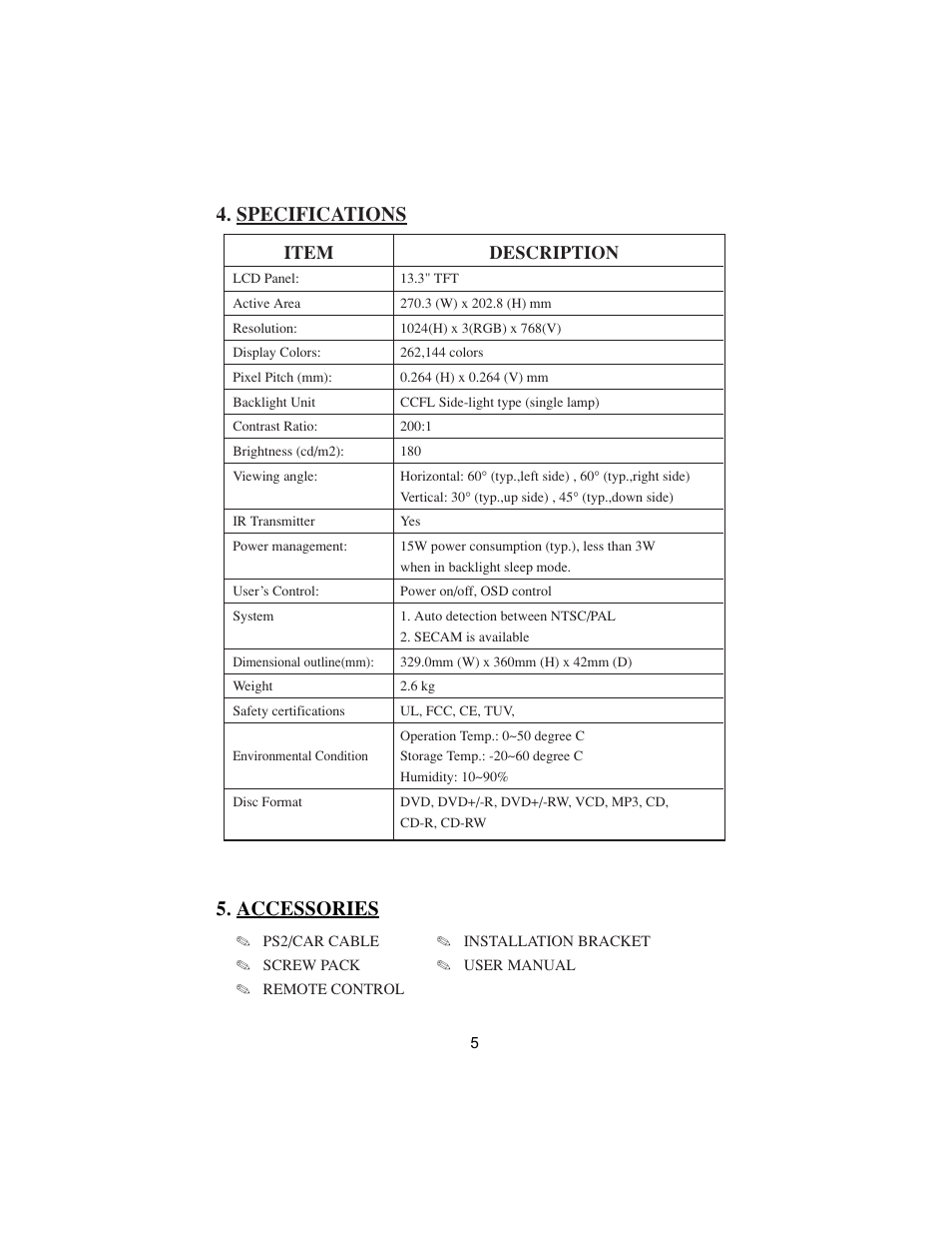 Accessories, Specifications, Item description | PYLE Audio VIEW PLRDVD13 User Manual | Page 5 / 15