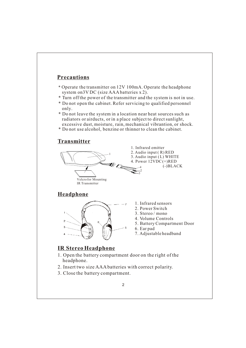 Precautions, Headphone, Ir stereo headphone | Transmitter | PYLE Audio PYLE VIEW PLVWH2 User Manual | Page 3 / 4