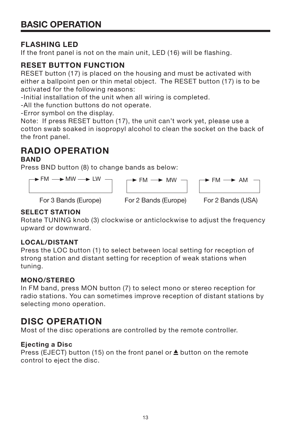 Radio operation, Disc operation, Basic operation | PYLE Audio PLDVD168 User Manual | Page 13 / 24