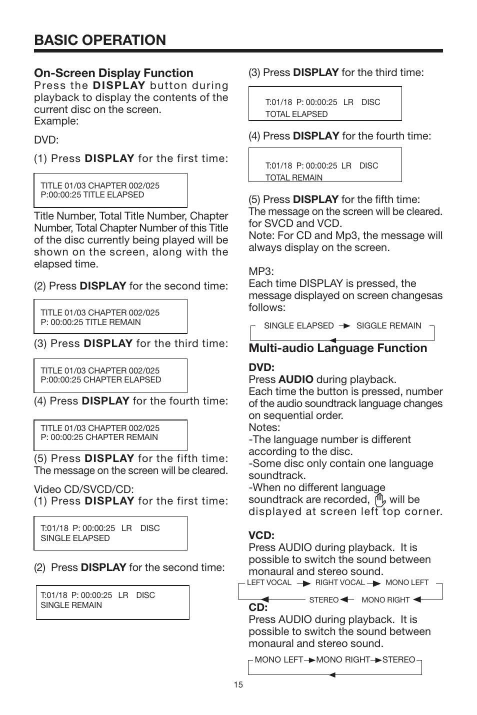 Basic operation, Multi-audio language function, On-screen display function | PYLE Audio PLDVD168 User Manual | Page 15 / 24