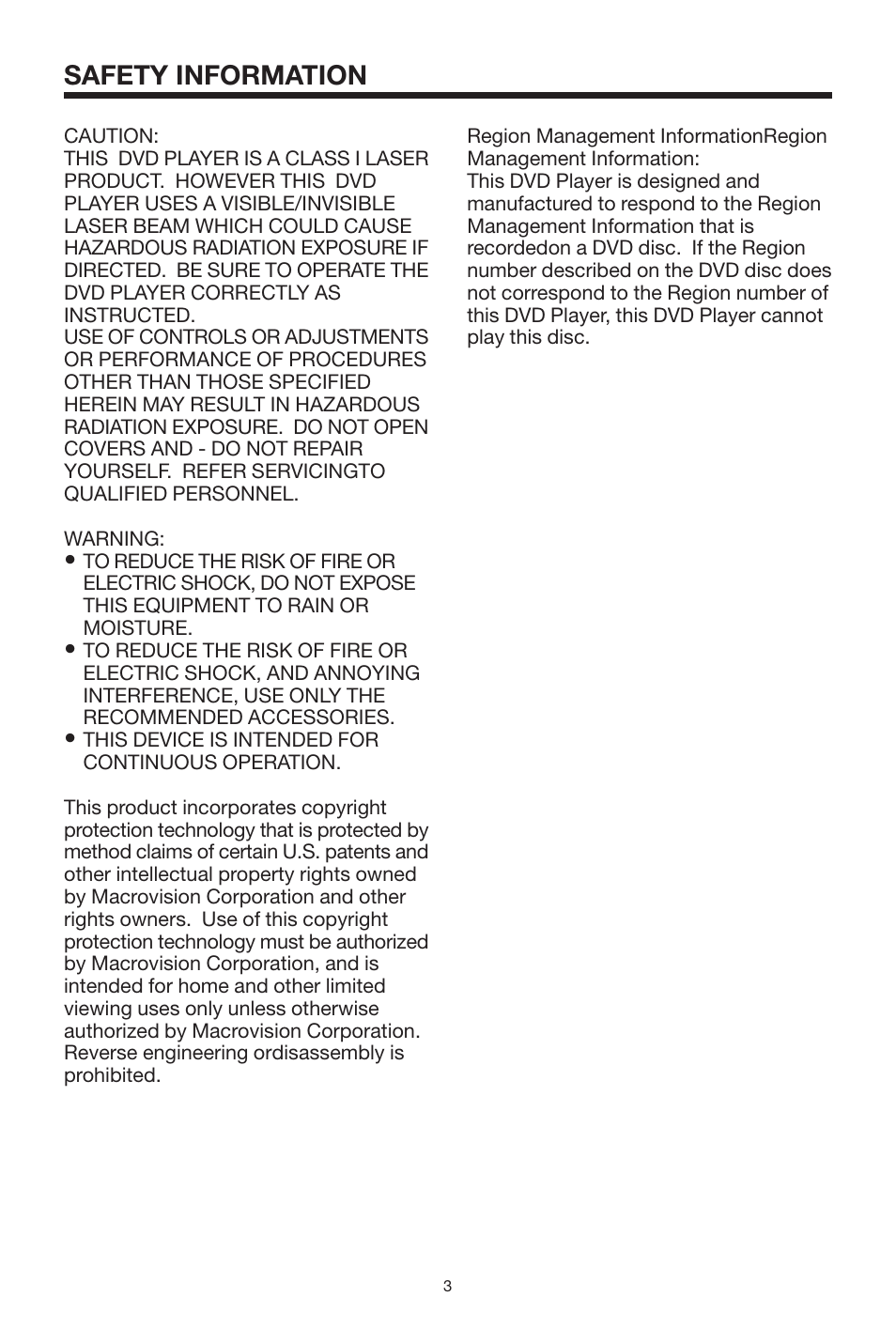 Safety information | PYLE Audio PLDVD168 User Manual | Page 3 / 24