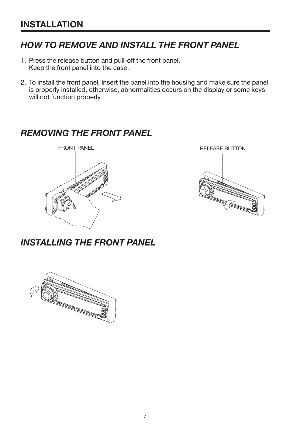 How to remove and install the front panel | PYLE Audio PLDVD168 User Manual | Page 7 / 24