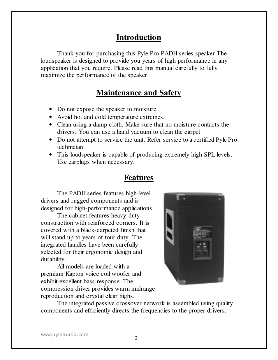 Introduction, Maintenance and safety, Features | PYLE Audio PADH1579 User Manual | Page 2 / 7