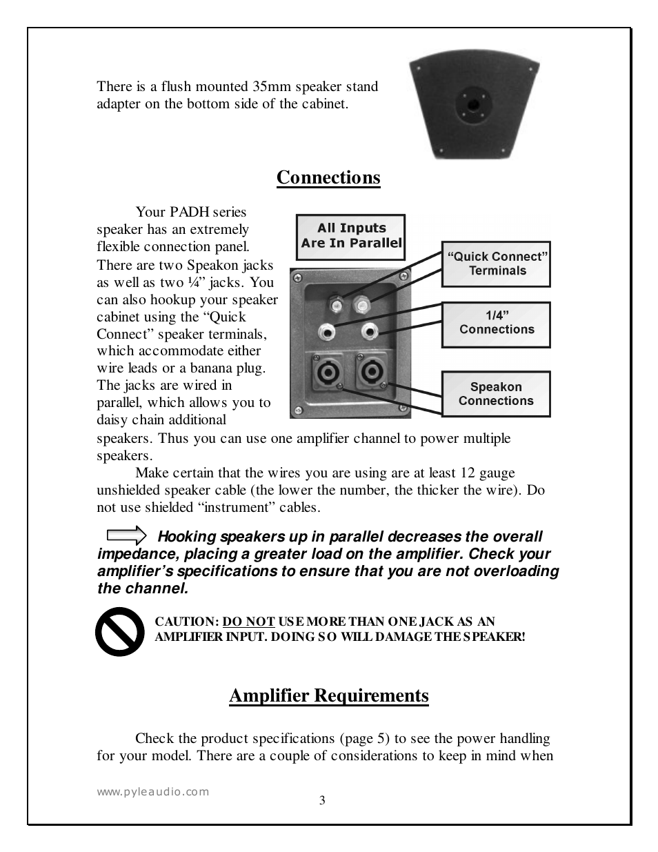 Connections, Amplifier requirements | PYLE Audio PADH1579 User Manual | Page 3 / 7