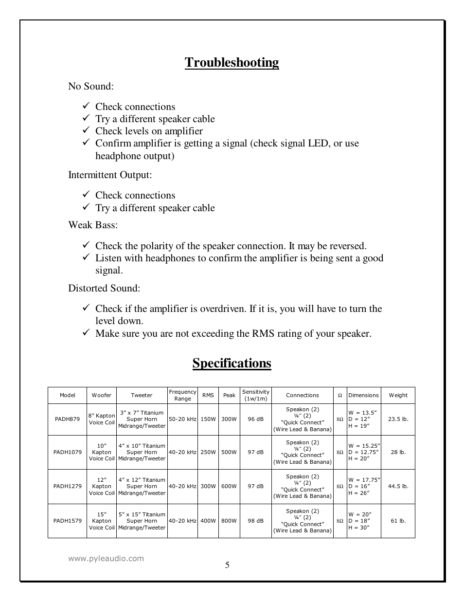 Troubleshooting, Specifications | PYLE Audio PADH1579 User Manual | Page 5 / 7