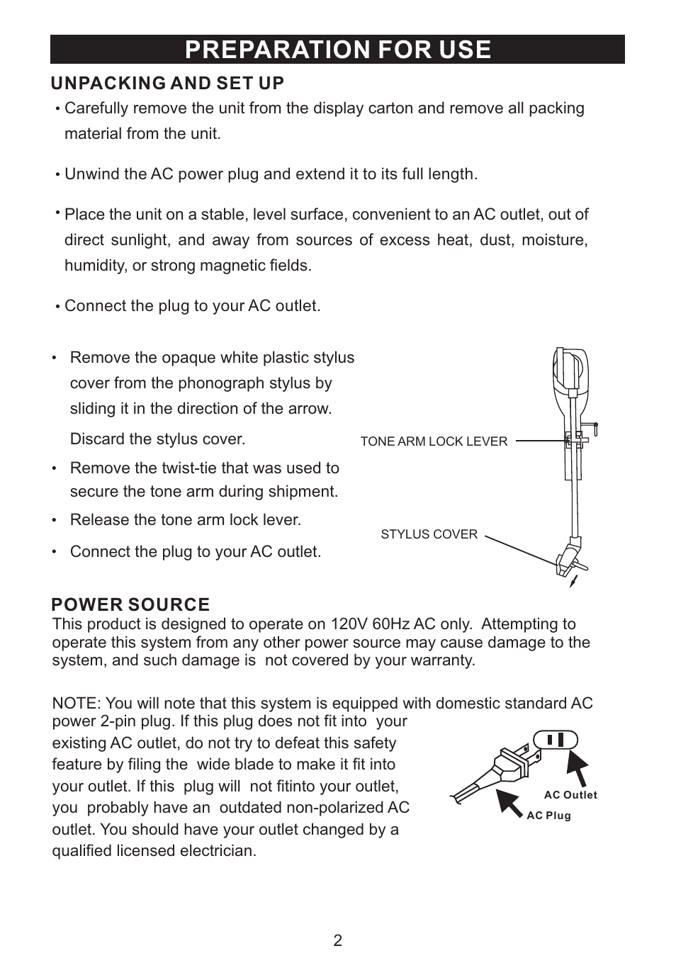 Preparation for use | PYLE Audio PVNTT5U User Manual | Page 3 / 16