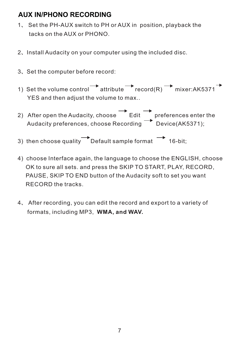 Aux in/phono recording | PYLE Audio PVNTT5U User Manual | Page 8 / 16