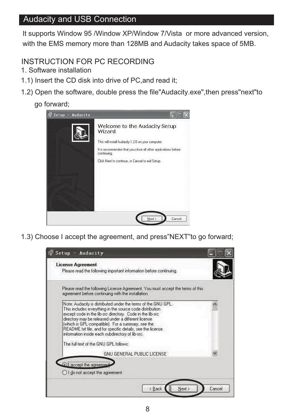 Audacity and usb connection | PYLE Audio PVNTT5U User Manual | Page 9 / 16