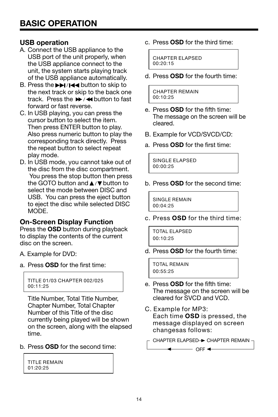 Basic operation, On-screen display function, Usb operation | PYLE Audio PLDVD178USB User Manual | Page 15 / 24