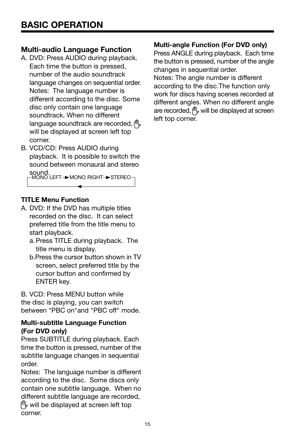 Basic operation, Multi-audio language function | PYLE Audio PLDVD178USB User Manual | Page 16 / 24