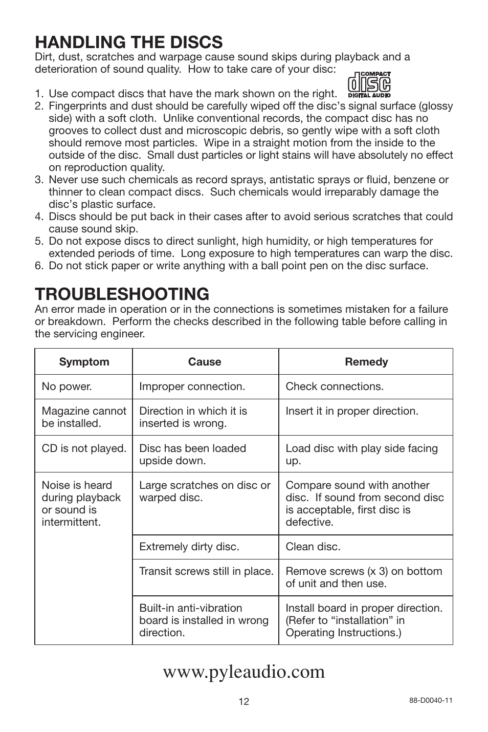 Handling the discs, Troubleshooting | PYLE Audio PLCD10CH User Manual | Page 12 / 12