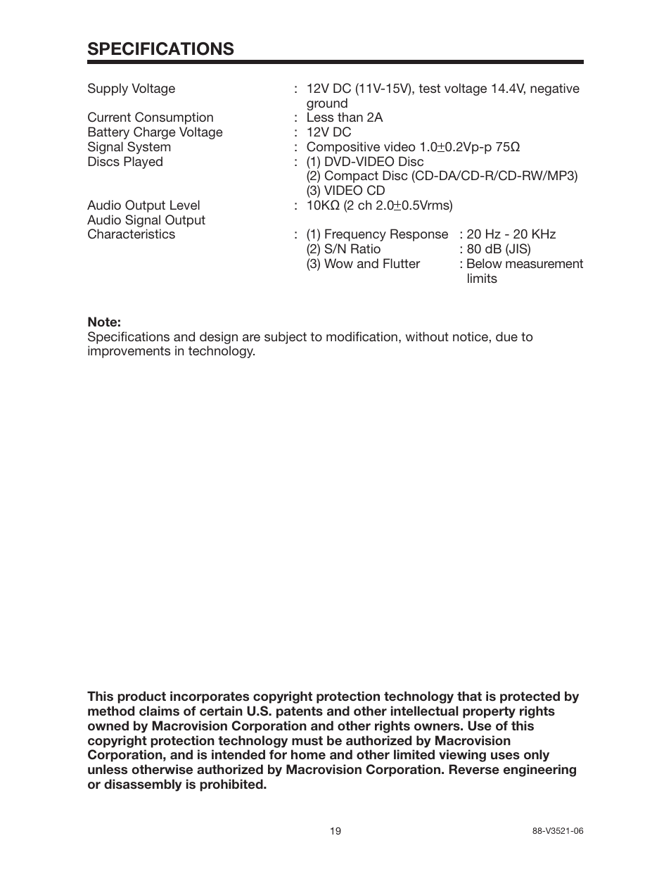 Specifications | PYLE Audio PLD142 User Manual | Page 19 / 19