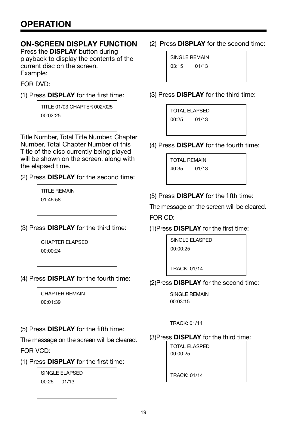 Operation, On-screen display function | PYLE Audio PLDVD48 User Manual | Page 19 / 36