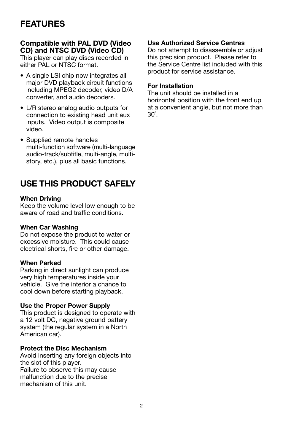 Use this product safely, Features | PYLE Audio PLDVD48 User Manual | Page 2 / 36