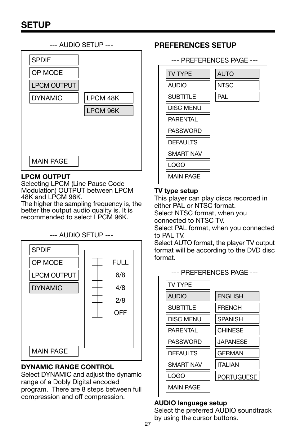 Setup, Preferences setup | PYLE Audio PLDVD48 User Manual | Page 27 / 36