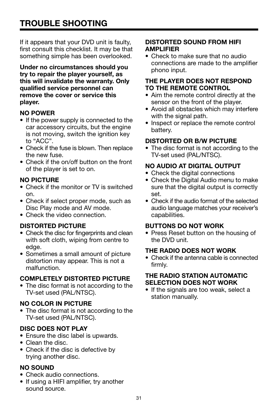 Trouble shooting | PYLE Audio PLDVD48 User Manual | Page 31 / 36