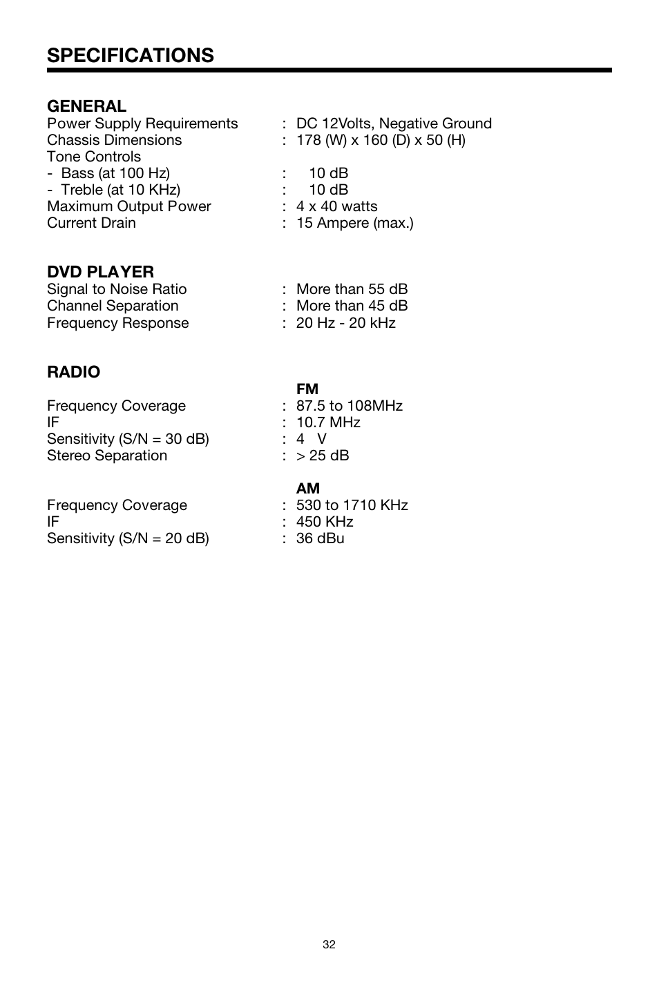 Specifications | PYLE Audio PLDVD48 User Manual | Page 32 / 36