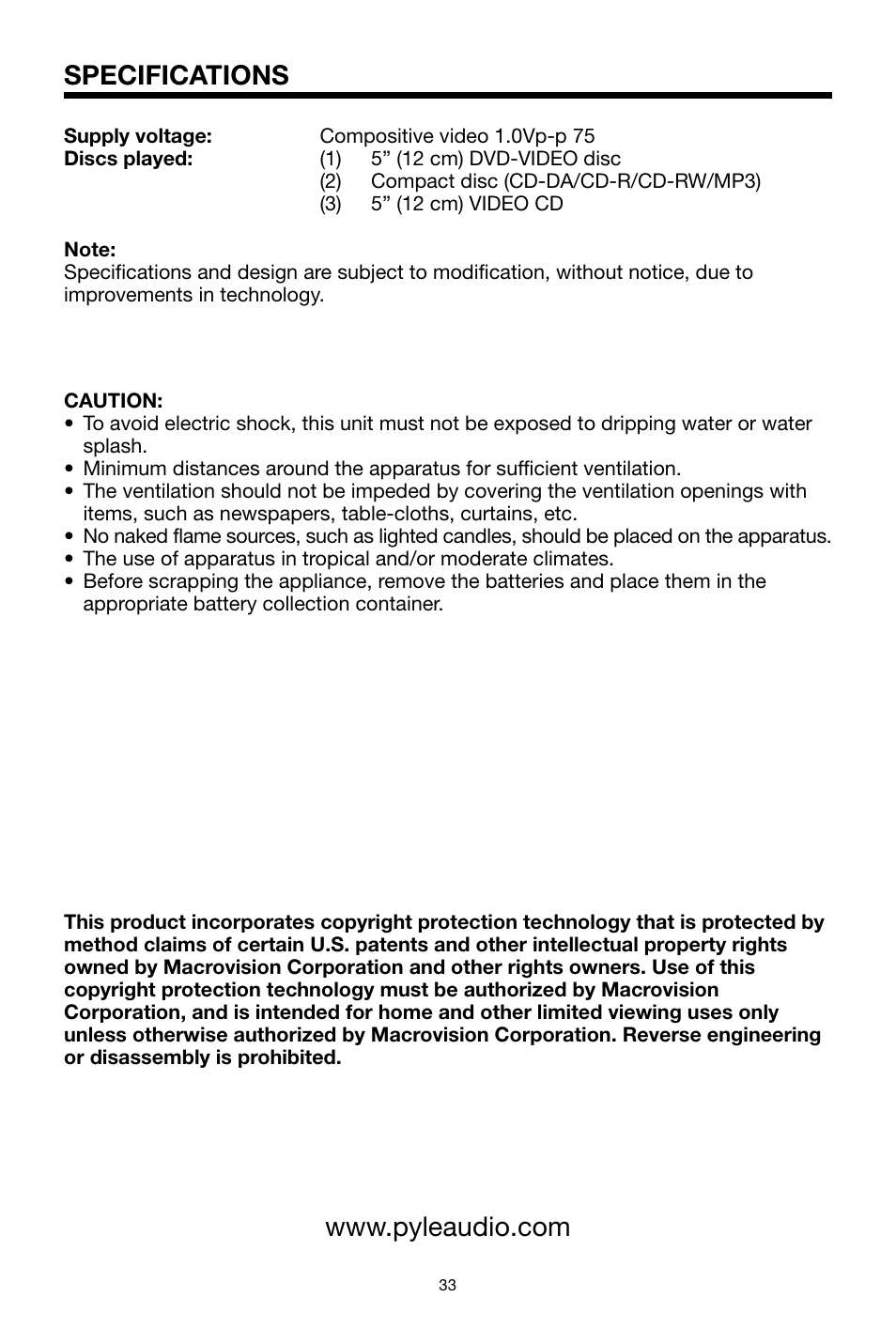 Specifications | PYLE Audio PLDVD48 User Manual | Page 33 / 36