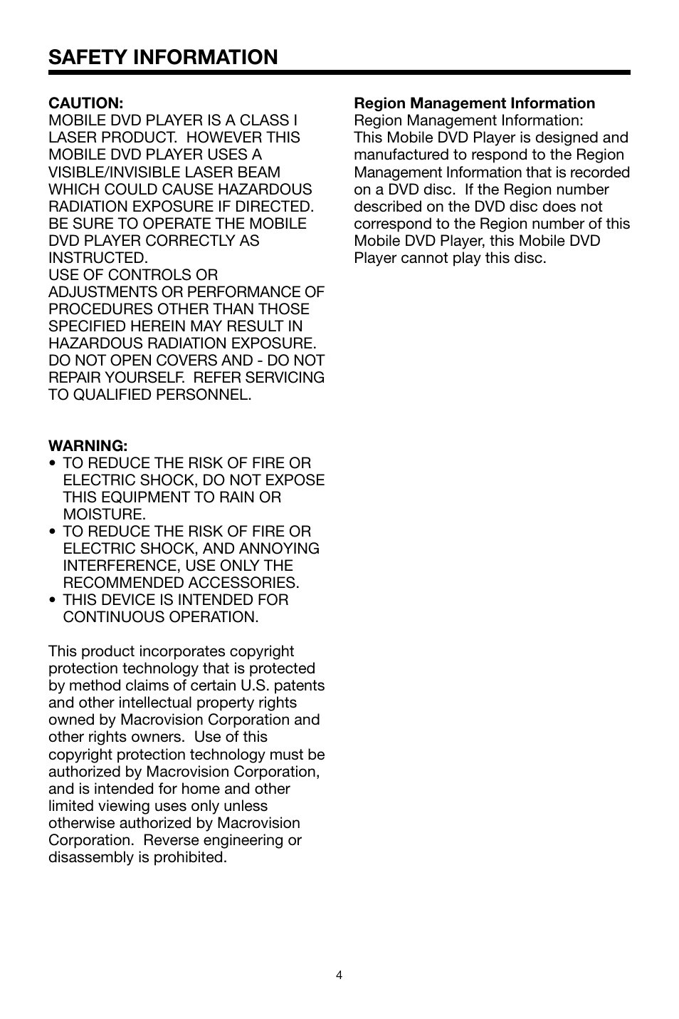 Safety information | PYLE Audio PLDVD48 User Manual | Page 4 / 36