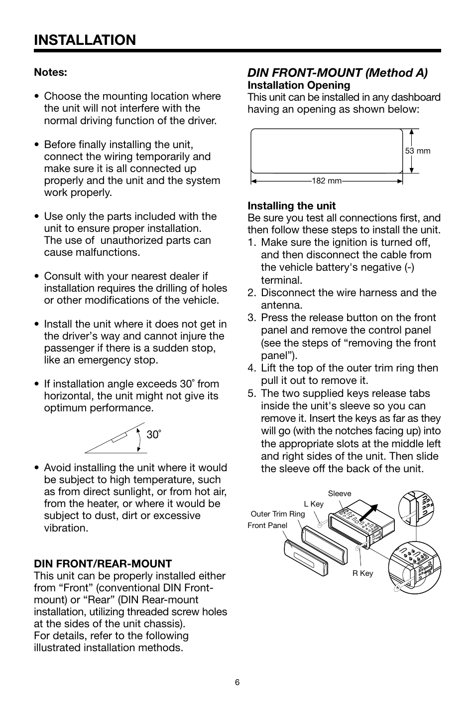 Installation, Din front-mount (method a) | PYLE Audio PLDVD48 User Manual | Page 6 / 36