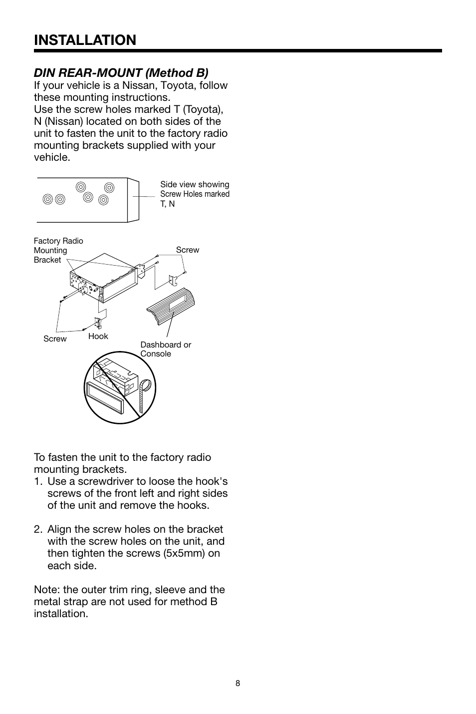 Installation, Din rear-mount (method b) | PYLE Audio PLDVD48 User Manual | Page 8 / 36