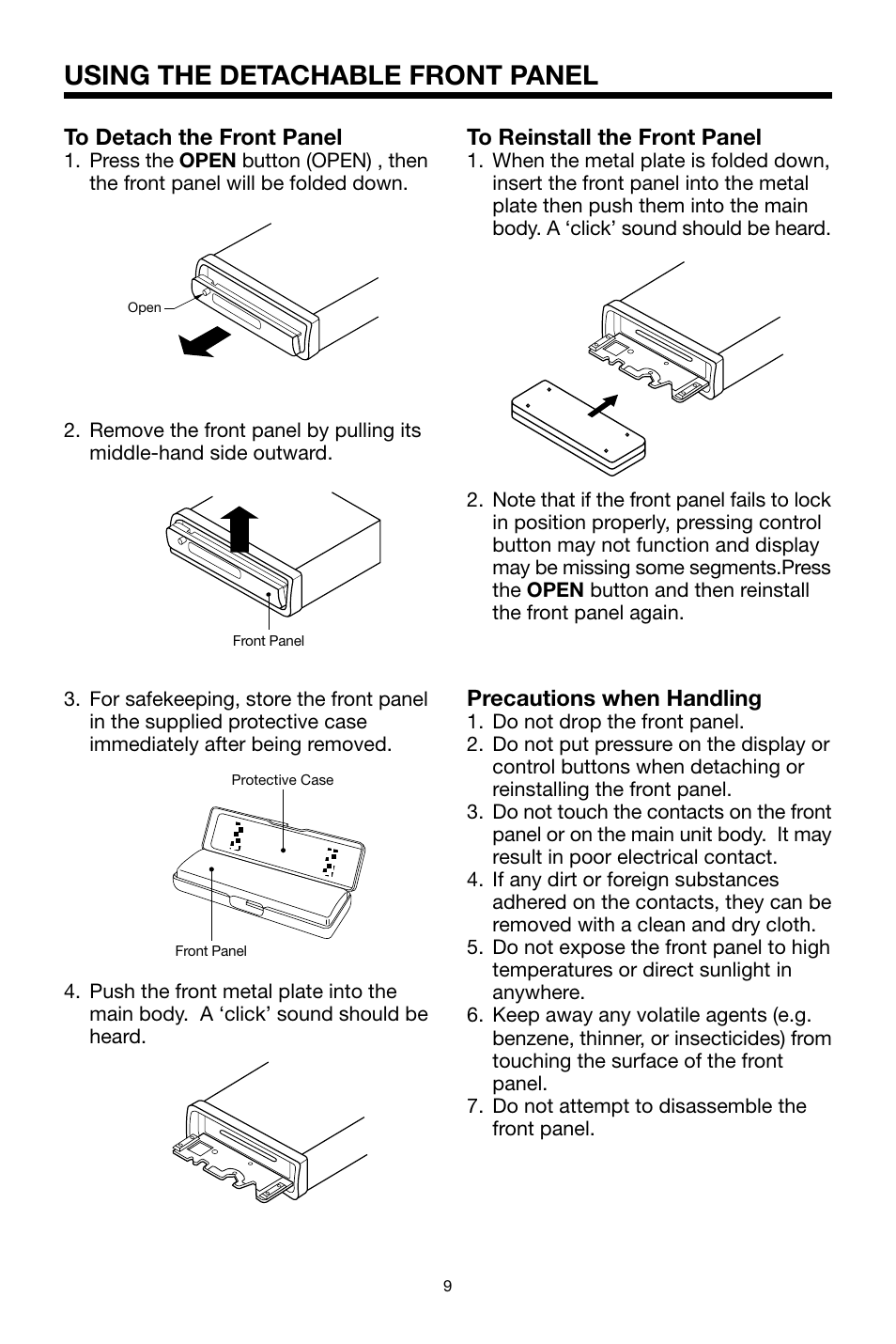 Using the detachable front panel | PYLE Audio PLDVD48 User Manual | Page 9 / 36