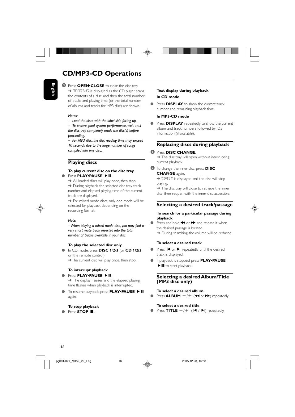 Cd/mp3-cd operations, Playing discs, Replacing discs during playback 1 | Selecting a desired track/passage, Selecting a desired album/title (mp3 disc only) | PYLE Audio FWM352 User Manual | Page 16 / 27
