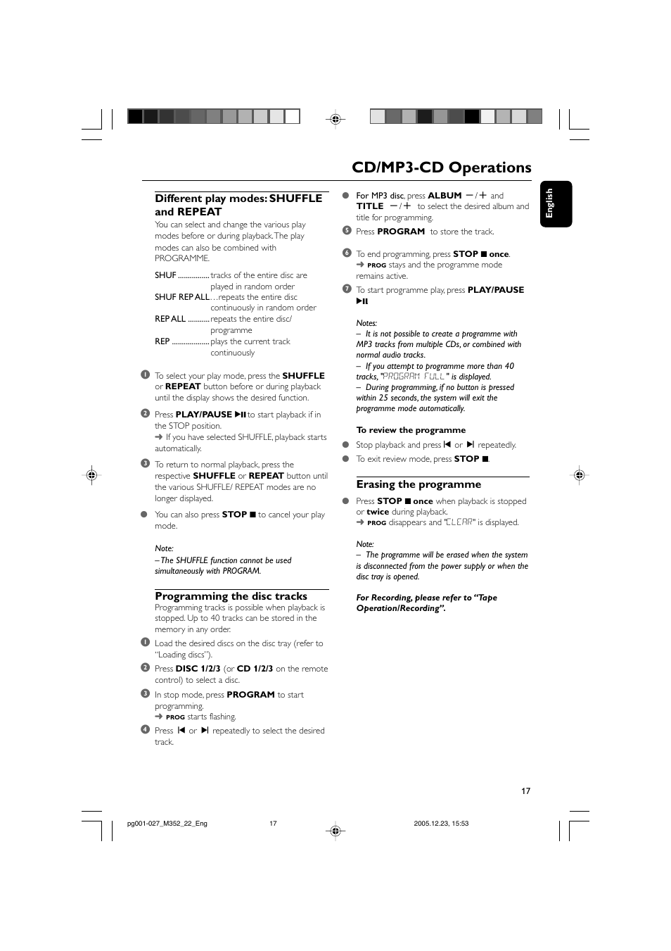 Cd/mp3-cd operations, Different play modes: shuffle and repeat, Programming the disc tracks | Erasing the programme | PYLE Audio FWM352 User Manual | Page 17 / 27