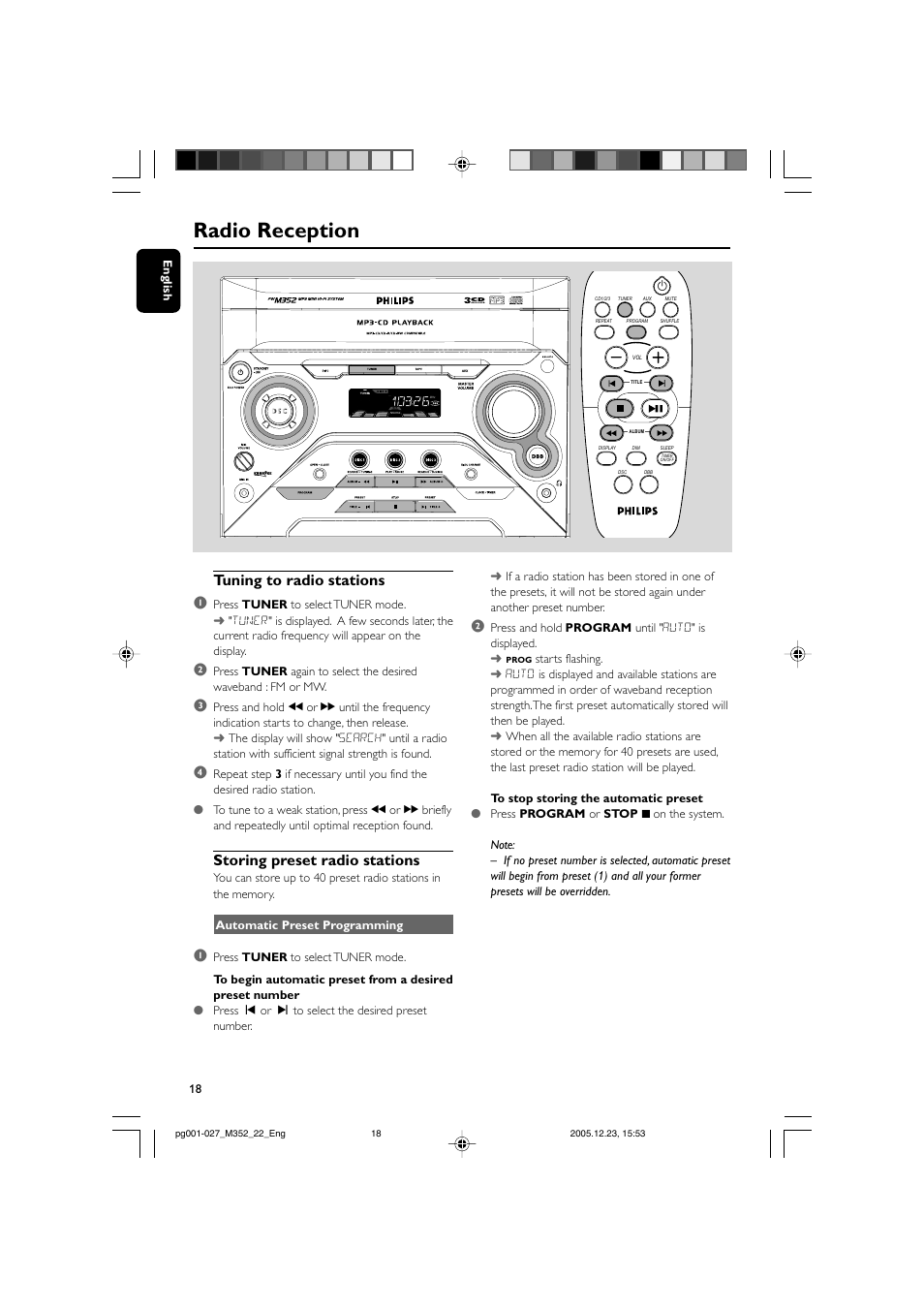 Radio reception, Tuning to radio stations 1, Storing preset radio stations | PYLE Audio FWM352 User Manual | Page 18 / 27